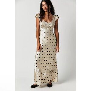 Free People butterfly babe cream polka dot satin lace maxi dress